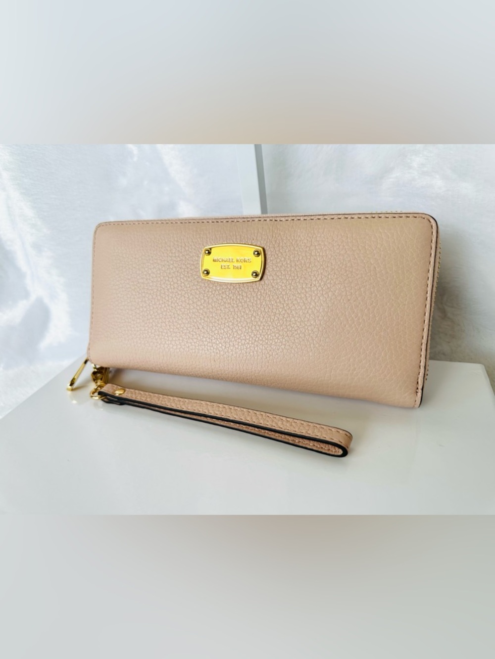 Michael Kors Nude Pebbled Leather Wristlet with Gold Plaque